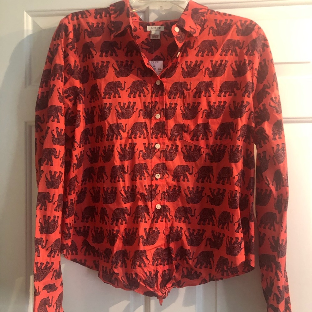 J. Crew Red Button-Front Blouse with Black Elephant Print